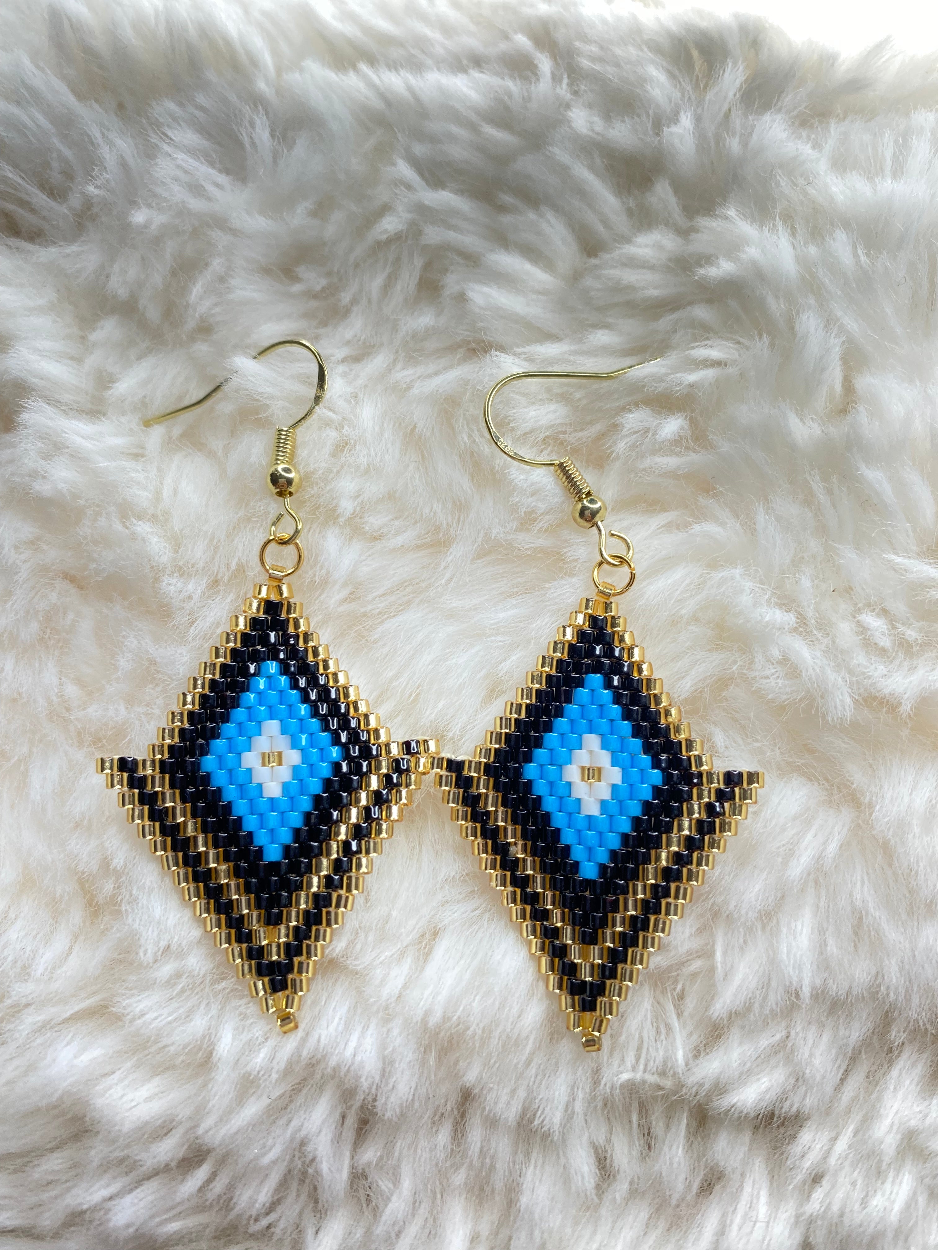 Gold filled Miyuki Beaded earrings Navy store blue Handmade pendants